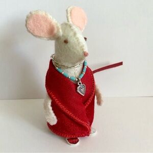 felt mouse art doll dressed in red velvet silver heart necklace hand-sewn